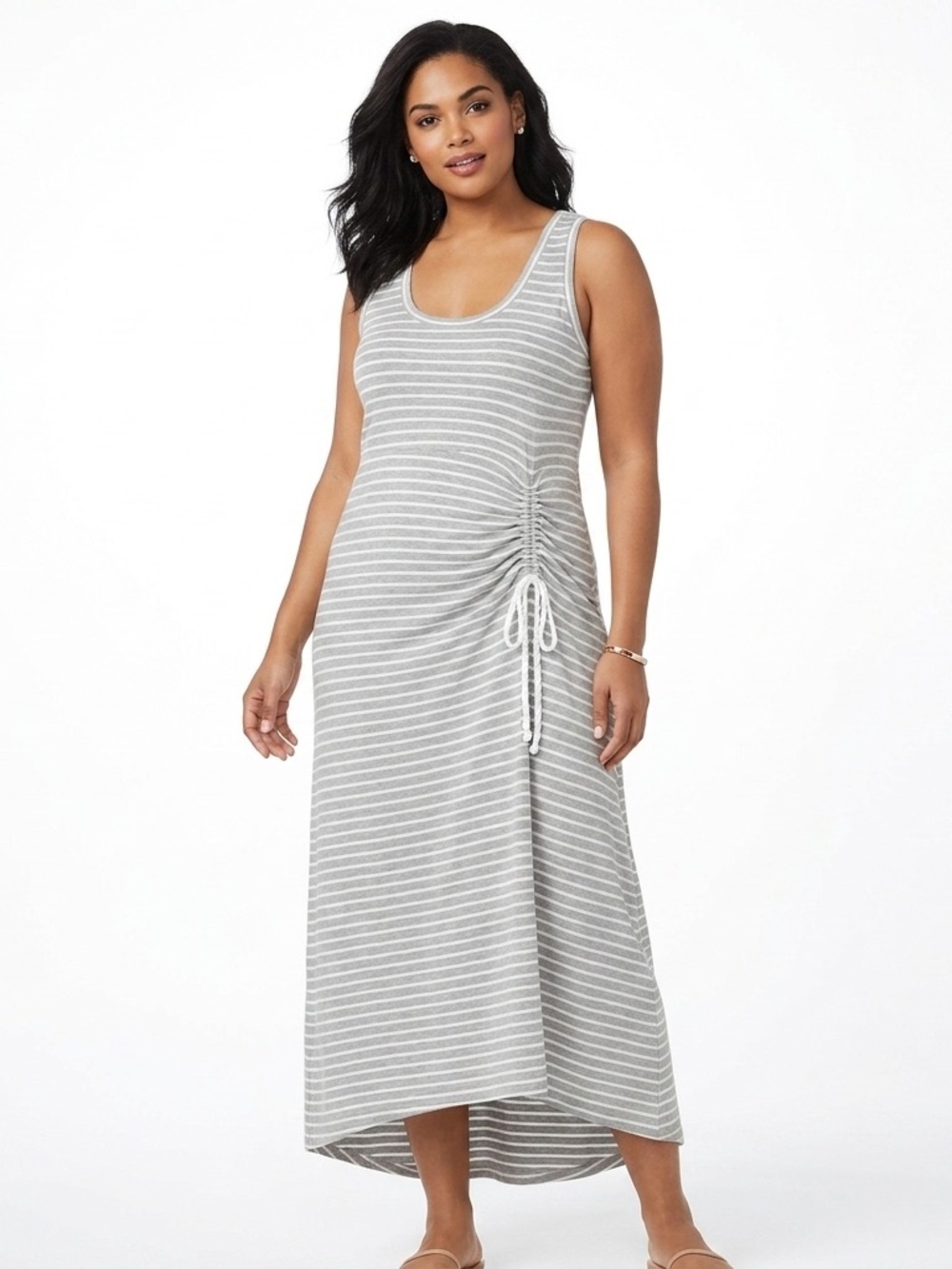 Cabi Dress Womens‎ XS Gray Midi Tank Stripe Drawstring Stretch Ruched Casual